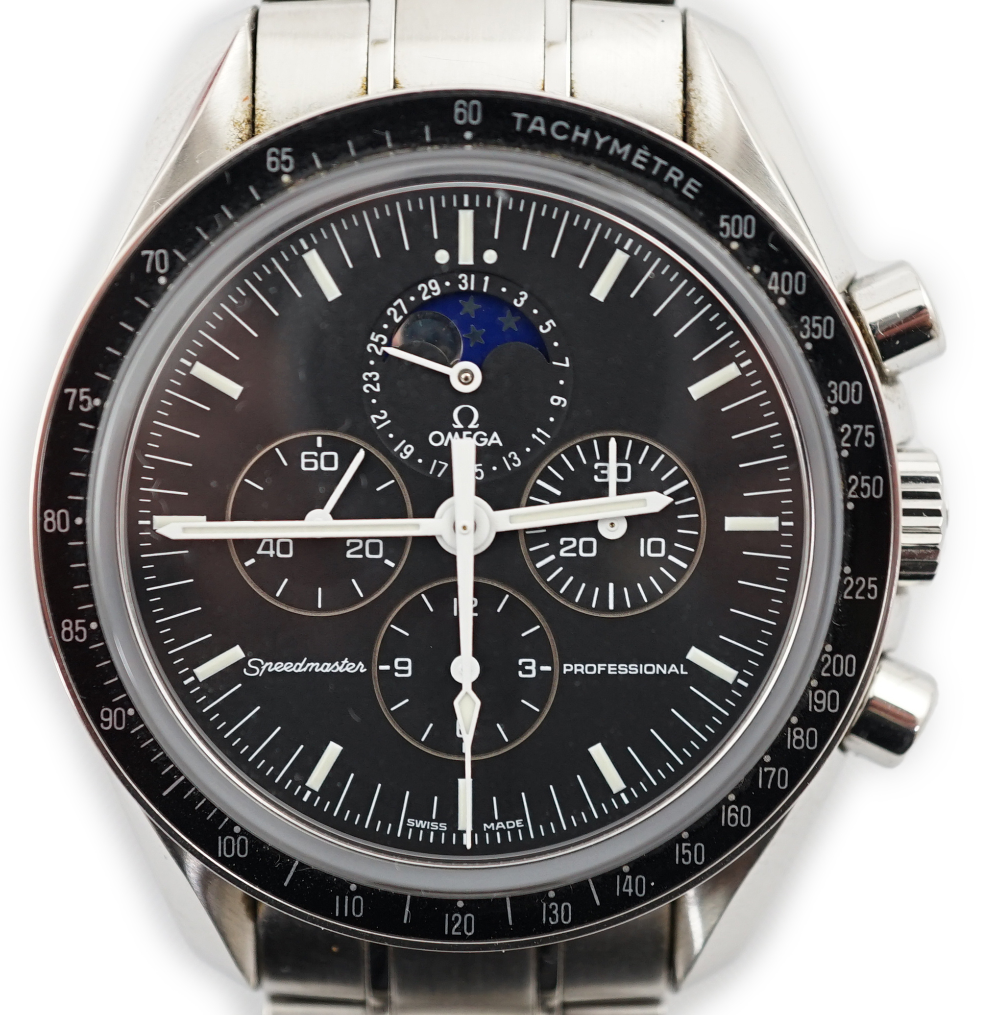 A gentleman's 2015 stainless steel Omega Speedmaster Professional automatic wrist watch, inscribed verso 'The first and only watch worn on the moon'